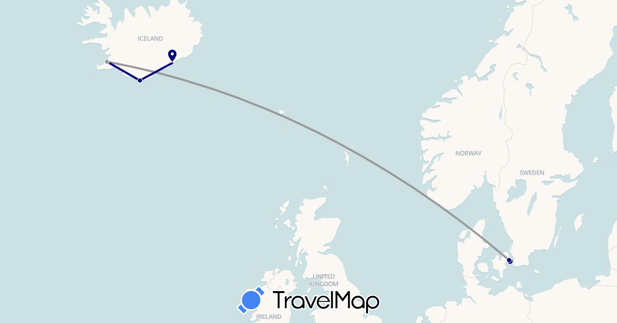 TravelMap itinerary: driving, plane in Denmark, Iceland (Europe)